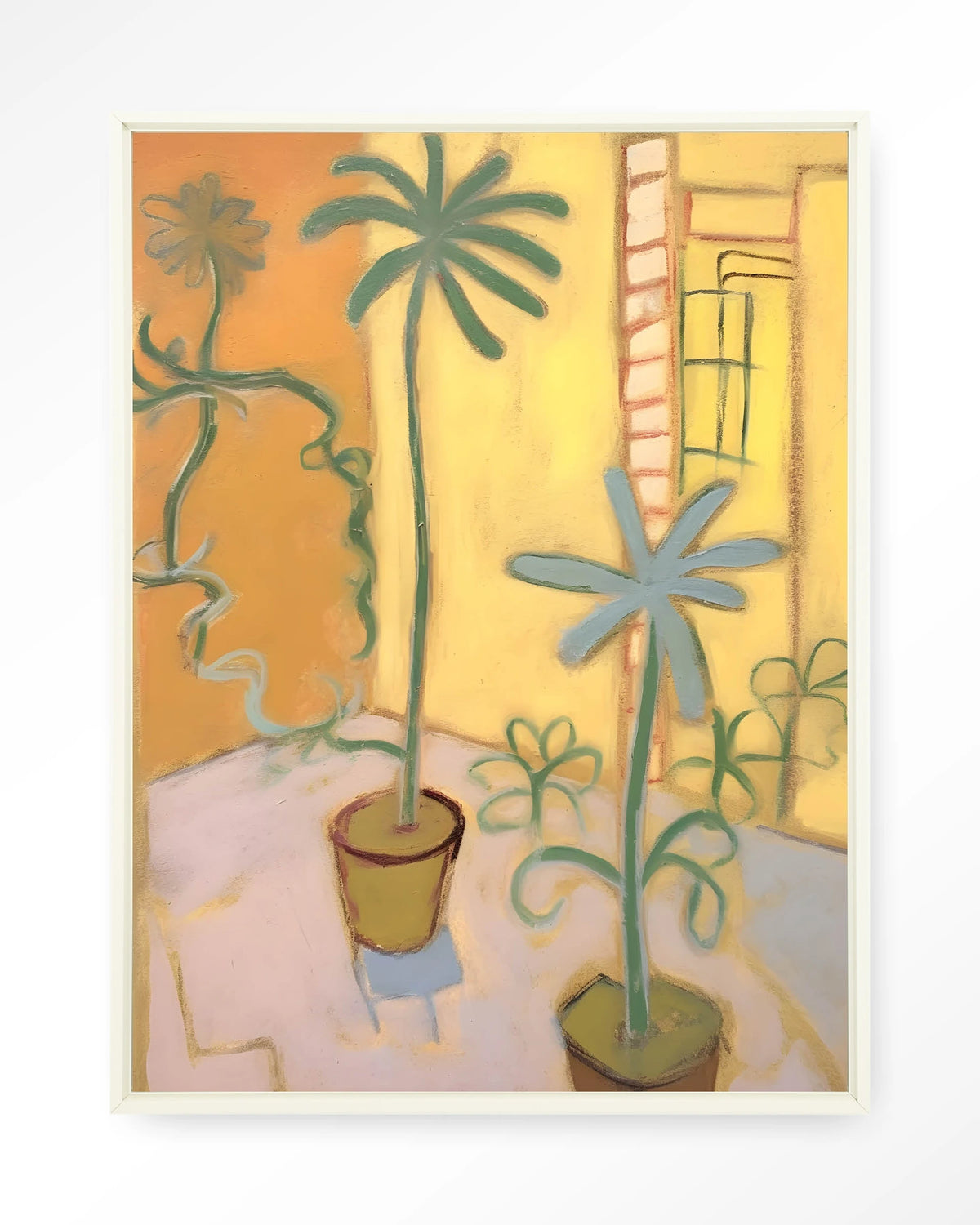 Cabo Verde – planten in pot, gele kamer – Wandkleed – Floating frame – wit