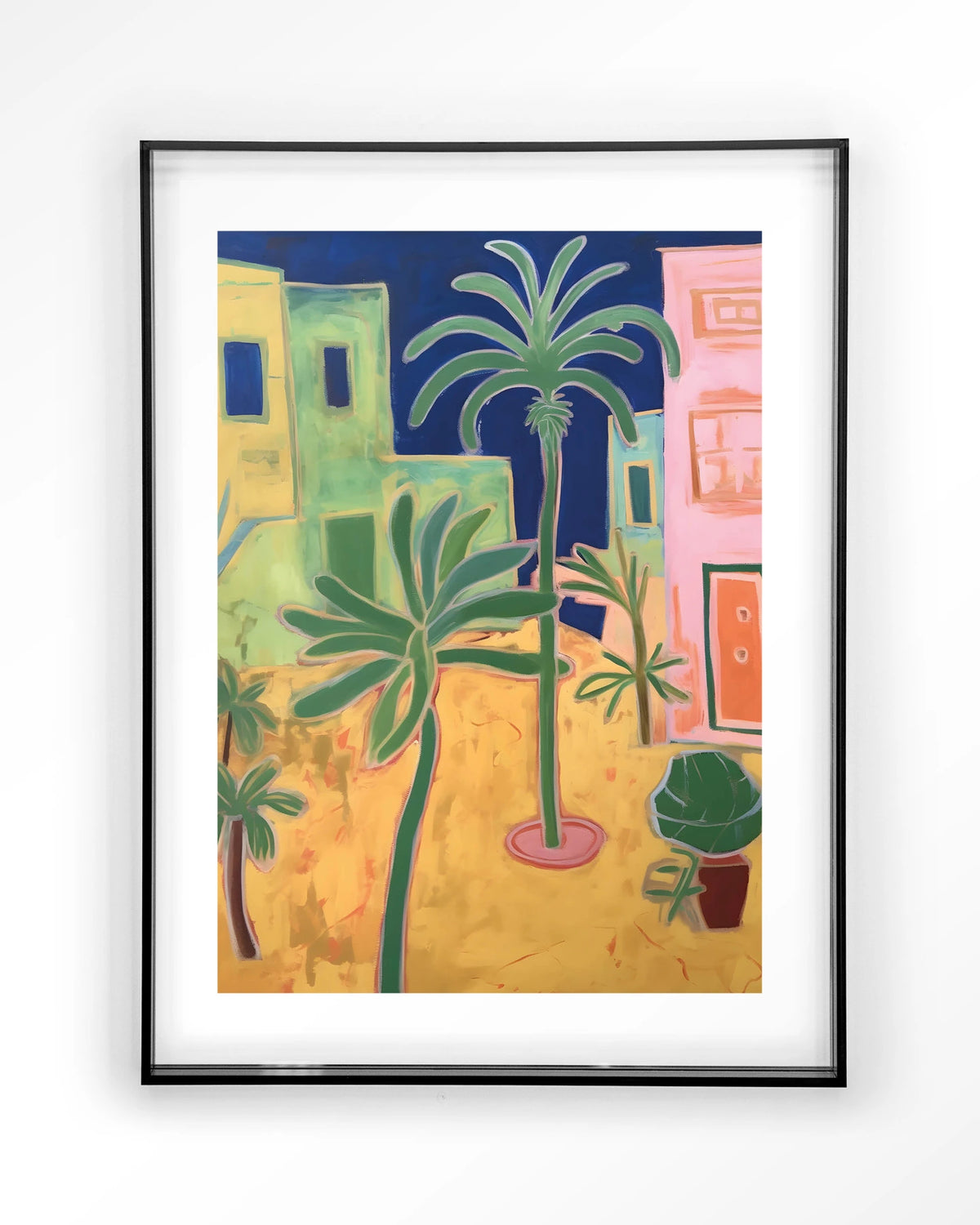 Santa Rosa – palmbomen in kleurrijke stad – Art print – Acryl zwart