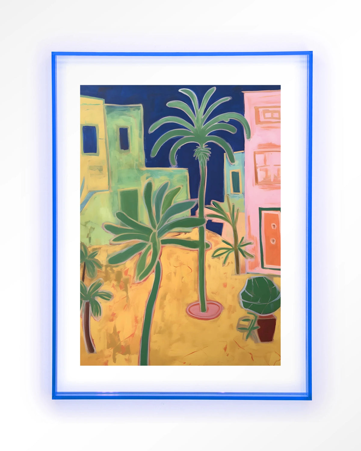 Santa Rosa – palmbomen in kleurrijke stad – Art print – Acryl lichtblauw
