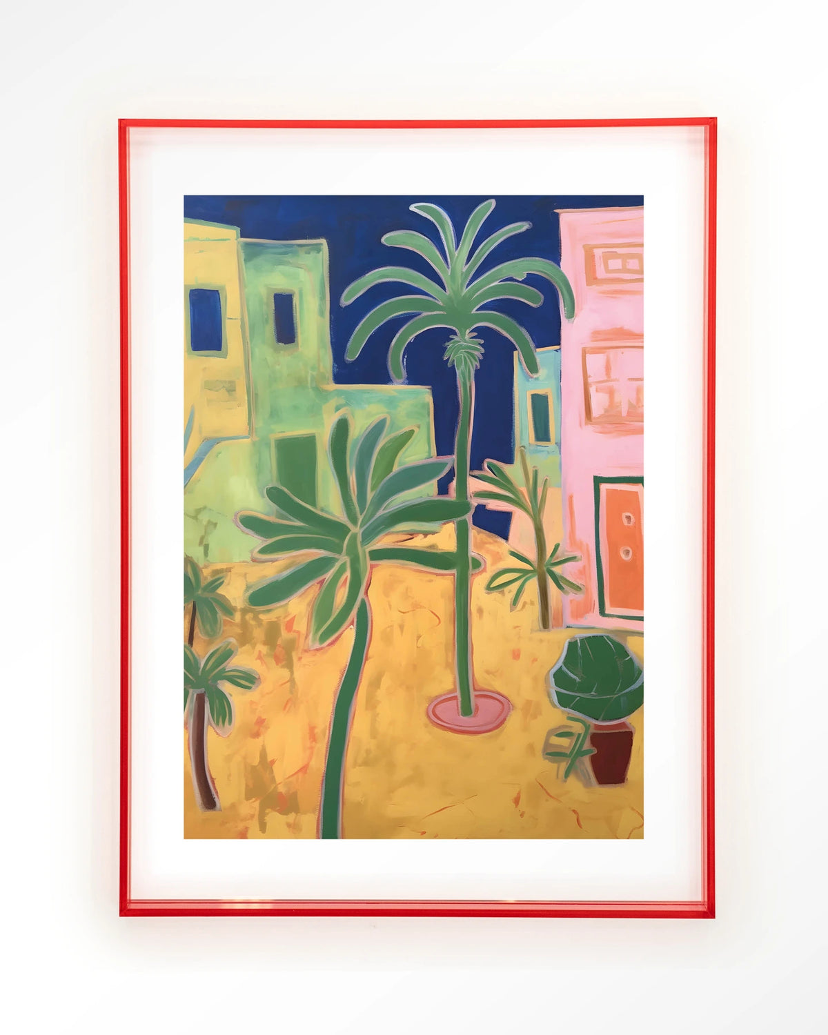 Santa Rosa – palmbomen in kleurrijke stad – Art print – Acryl roze