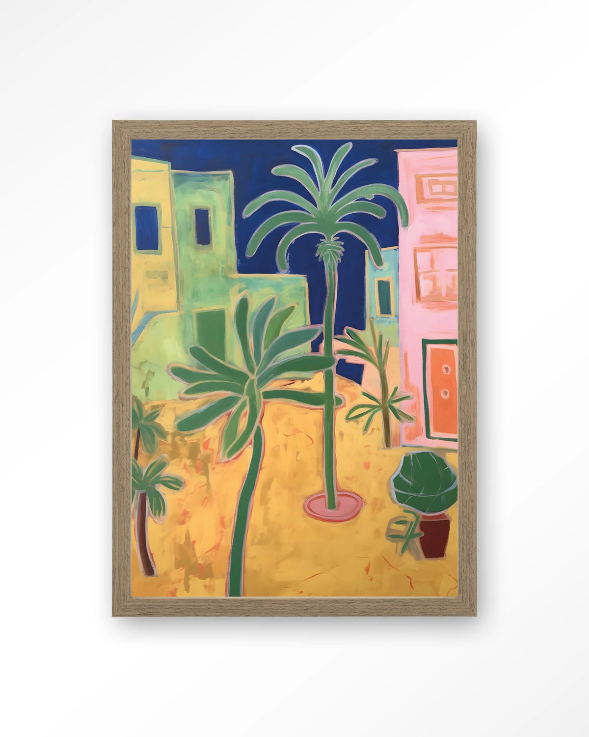 Santa Rosa – palmbomen in kleurrijke stad – Art print – Hout bruin