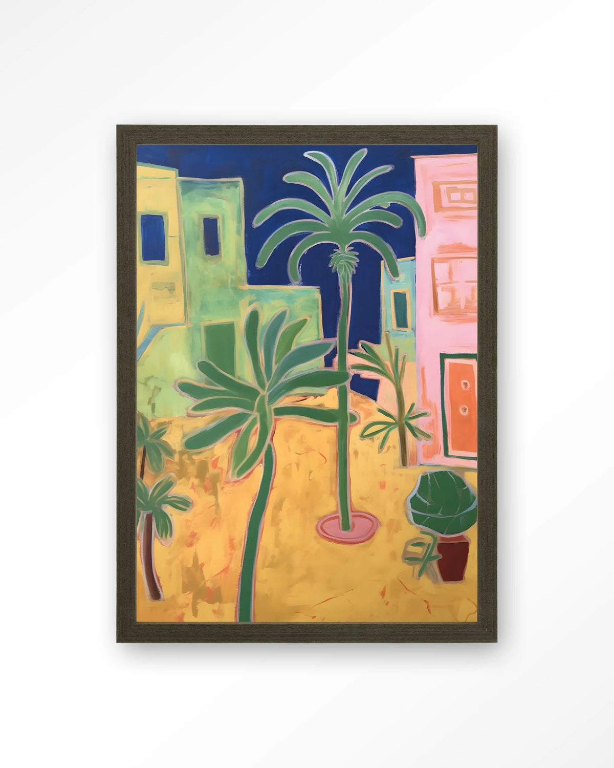 Santa Rosa – palmbomen in kleurrijke stad – Art print – Hout donkerbruin