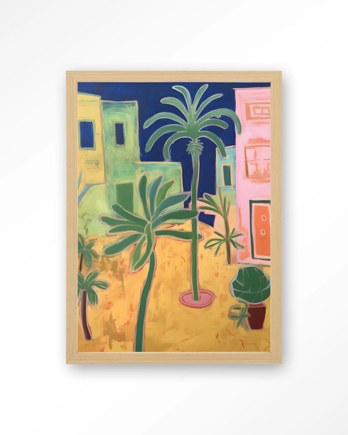 Santa Rosa – palmbomen in kleurrijke stad – Art print – Hout naturel