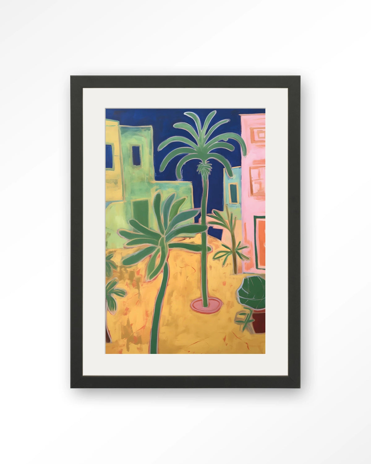 Santa Rosa – palmbomen in kleurrijke stad – Art print – Hout zwart + passe-partout
