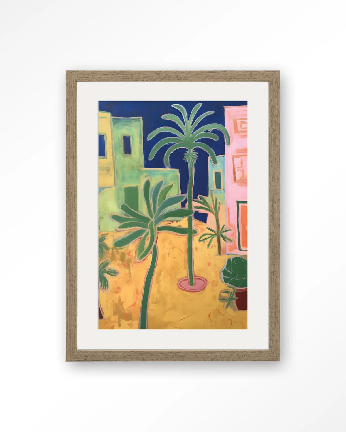 Santa Rosa – palmbomen in kleurrijke stad – Art print – Hout bruin + passe-partout