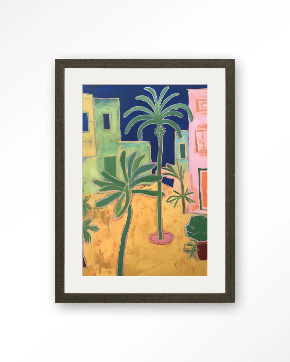 Santa Rosa – palmbomen in kleurrijke stad – Art print – Hout donkerbruin + passe-partout