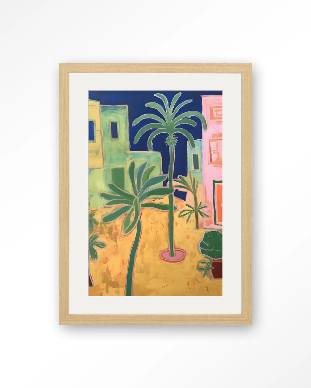 Santa Rosa – palmbomen in kleurrijke stad – Art print – Hout naturel + passe-partout
