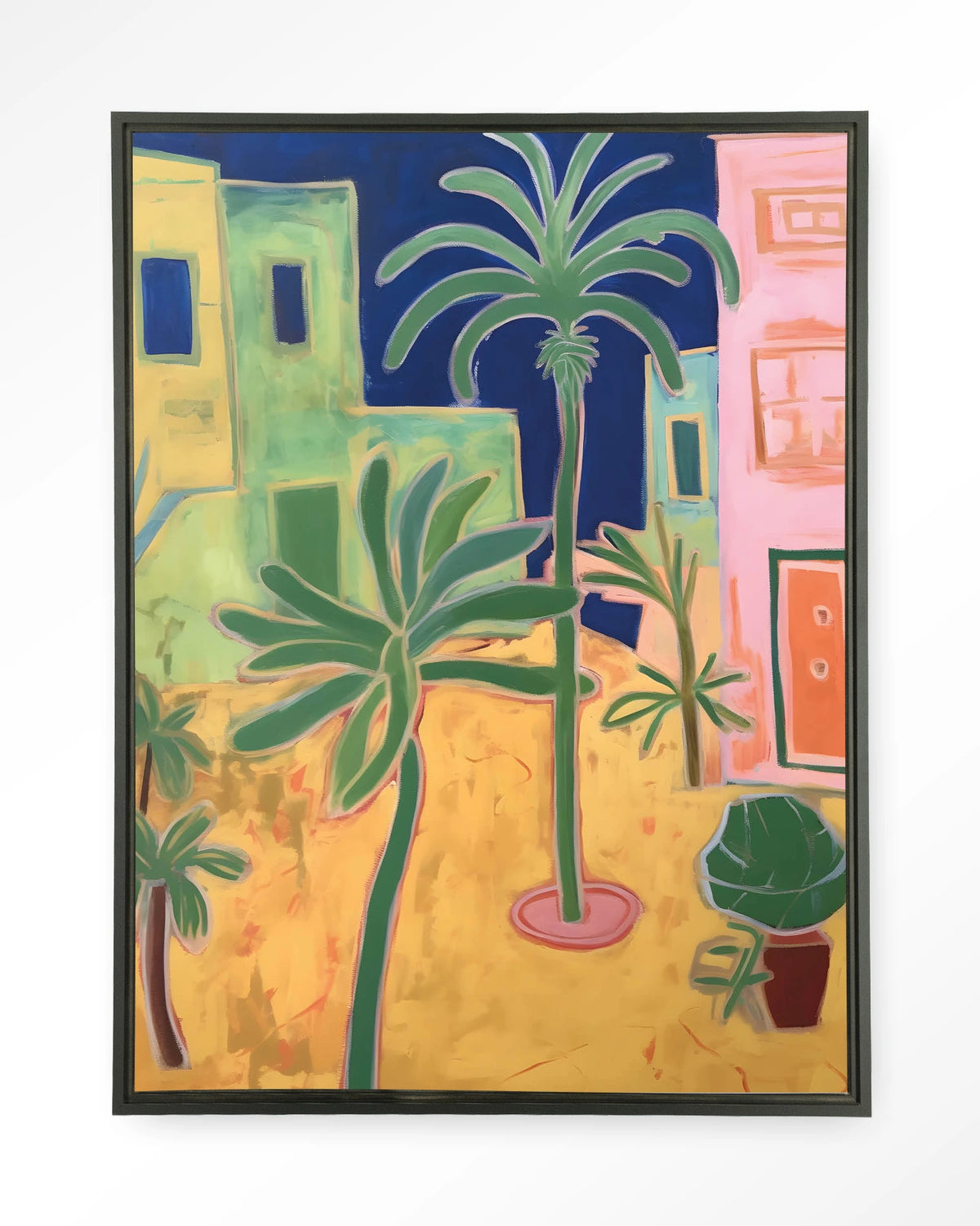 Santa Rosa – palmbomen in kleurrijke stad – Wandkleed – Floating frame – zwart