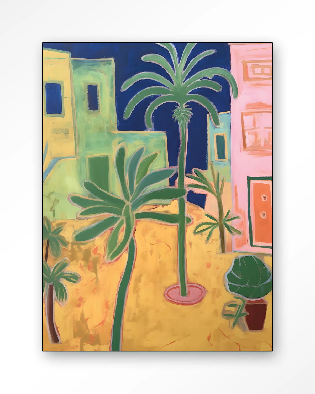 Santa Rosa – palmbomen in kleurrijke stad – Wandkleed – Frame – zwart