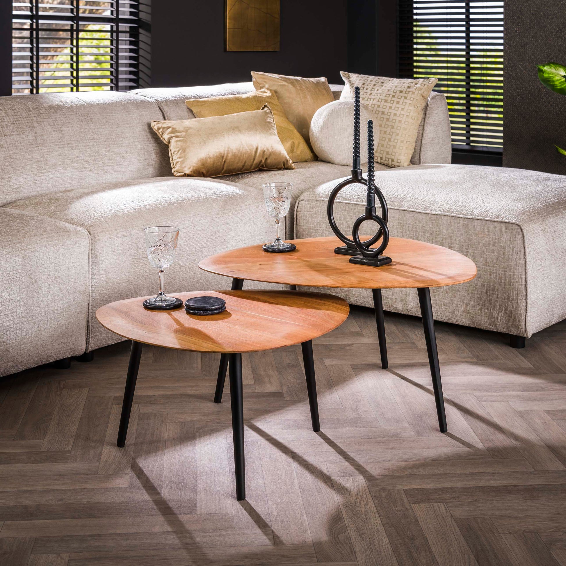 Salontafel Organic driehoekig set van 2 / Massief acacia