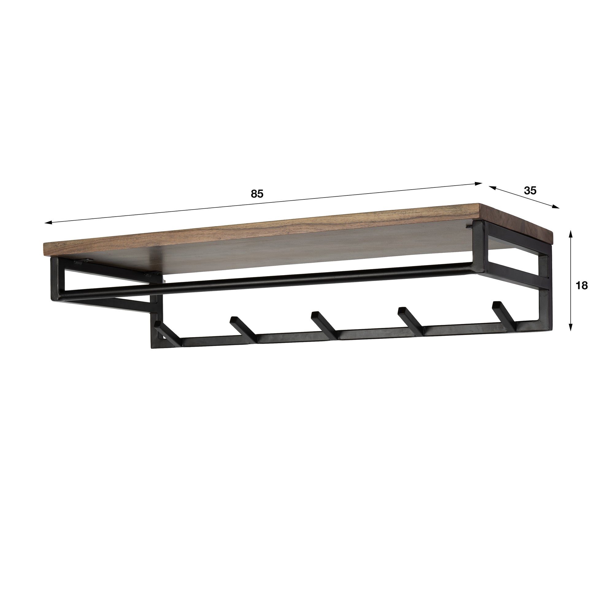Kapstok Custom roede en hoedenplank 5 haken / Massief acacia bruin