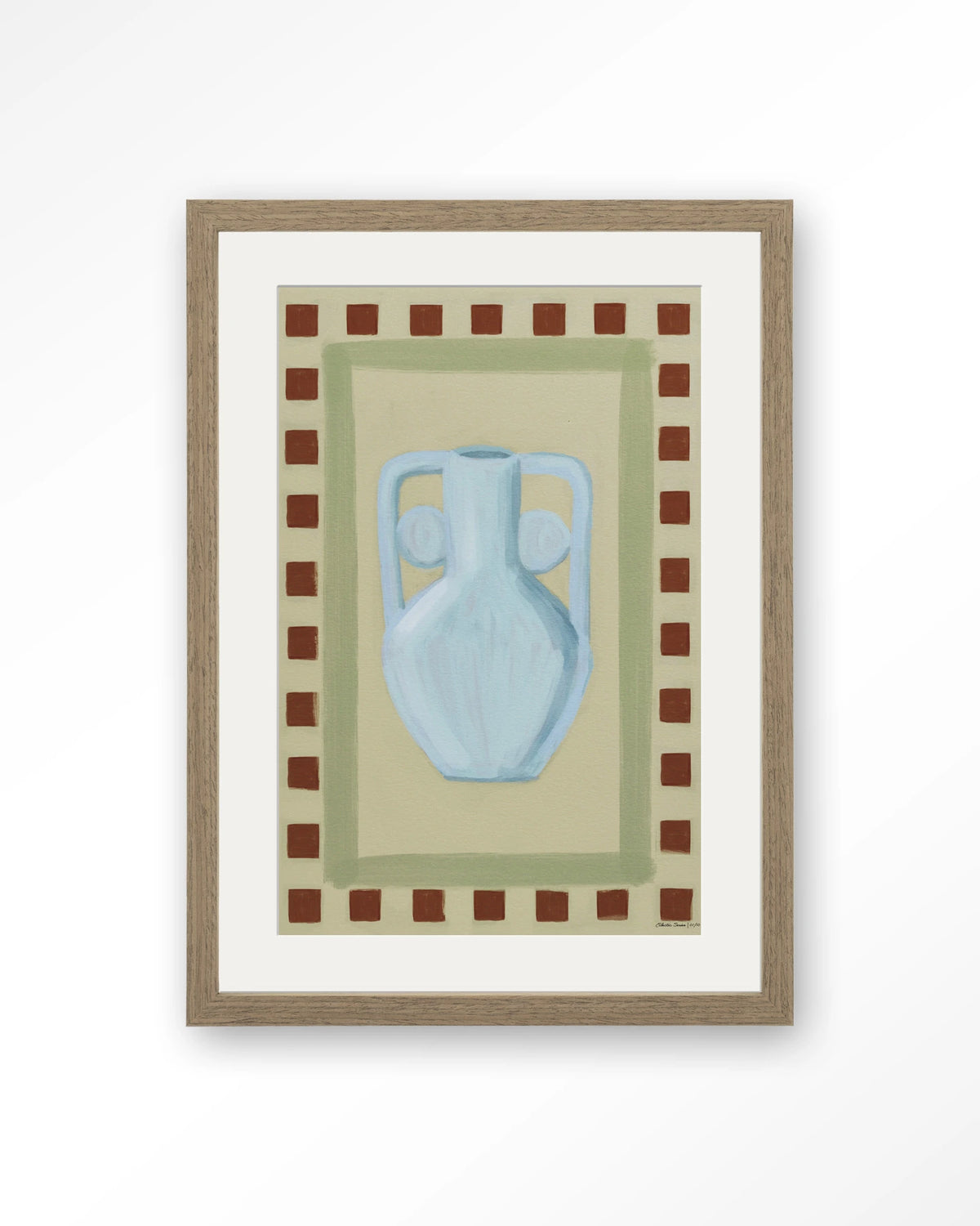 Eclectic Series 1 – blauwe vaas met rand – Art print – Hout bruin + passe-partout