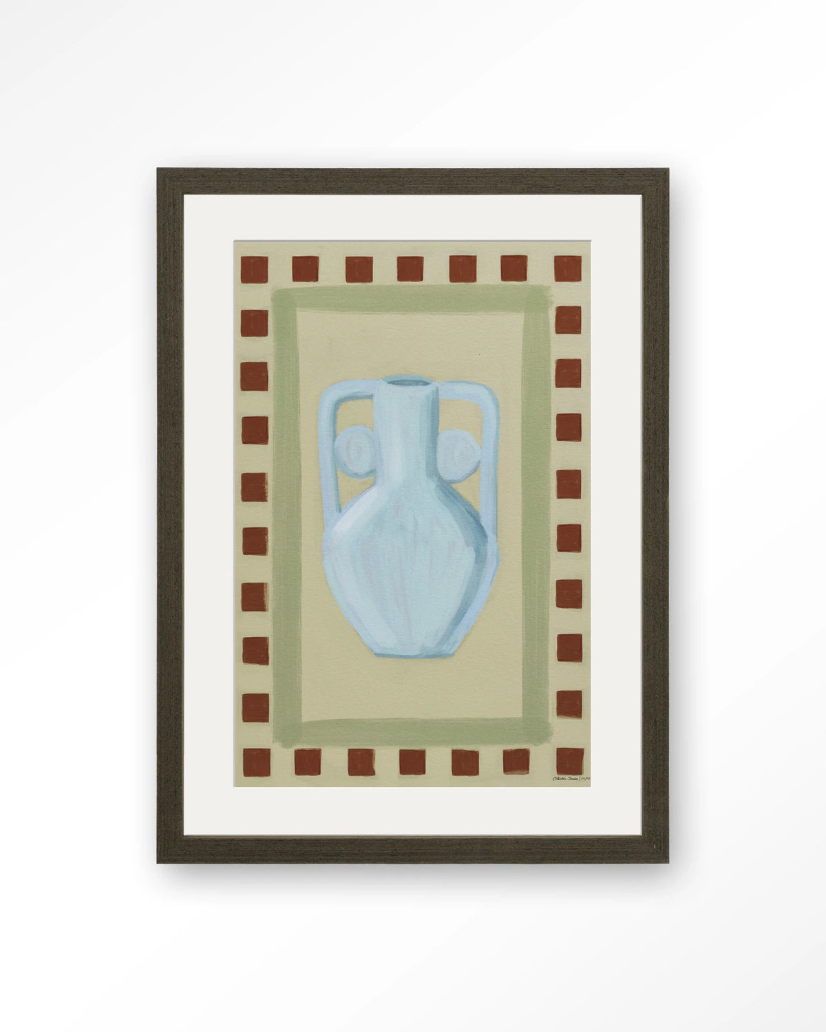 Eclectic Series 1 – blauwe vaas met rand – Art print – Hout donkerbruin + passe-partout