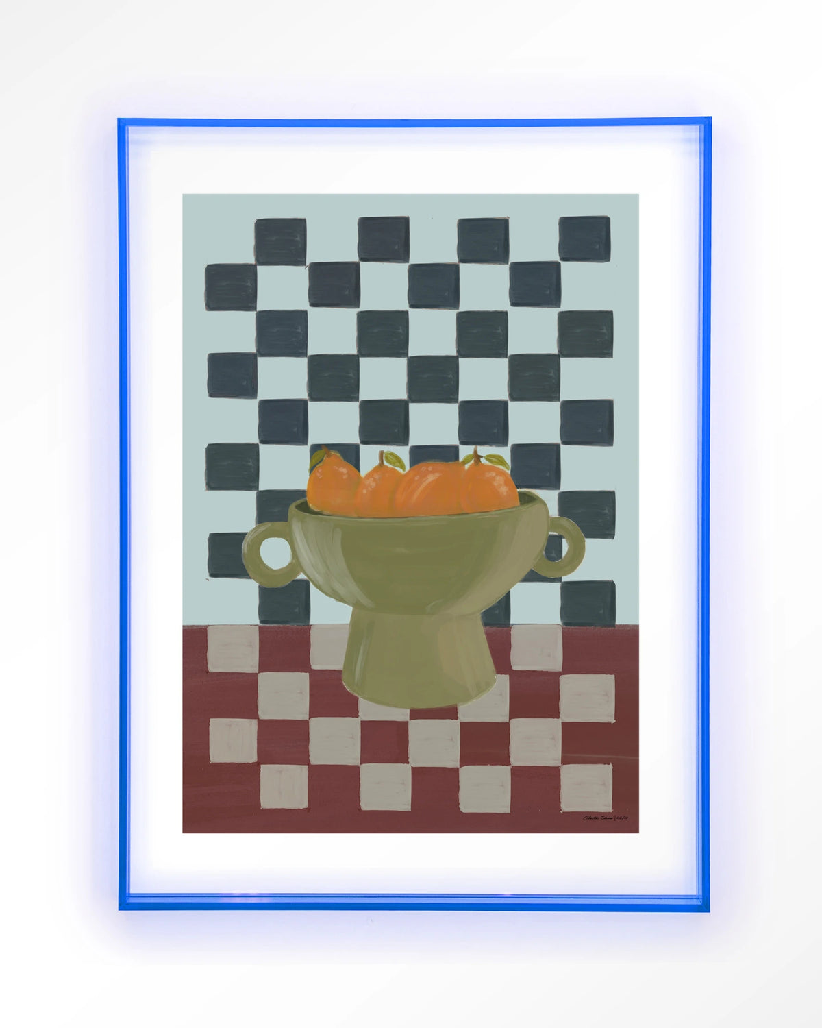 Eclectic Series 2 – sinaasappels in schaal, stilleven – Art print – Acryl lichtblauw