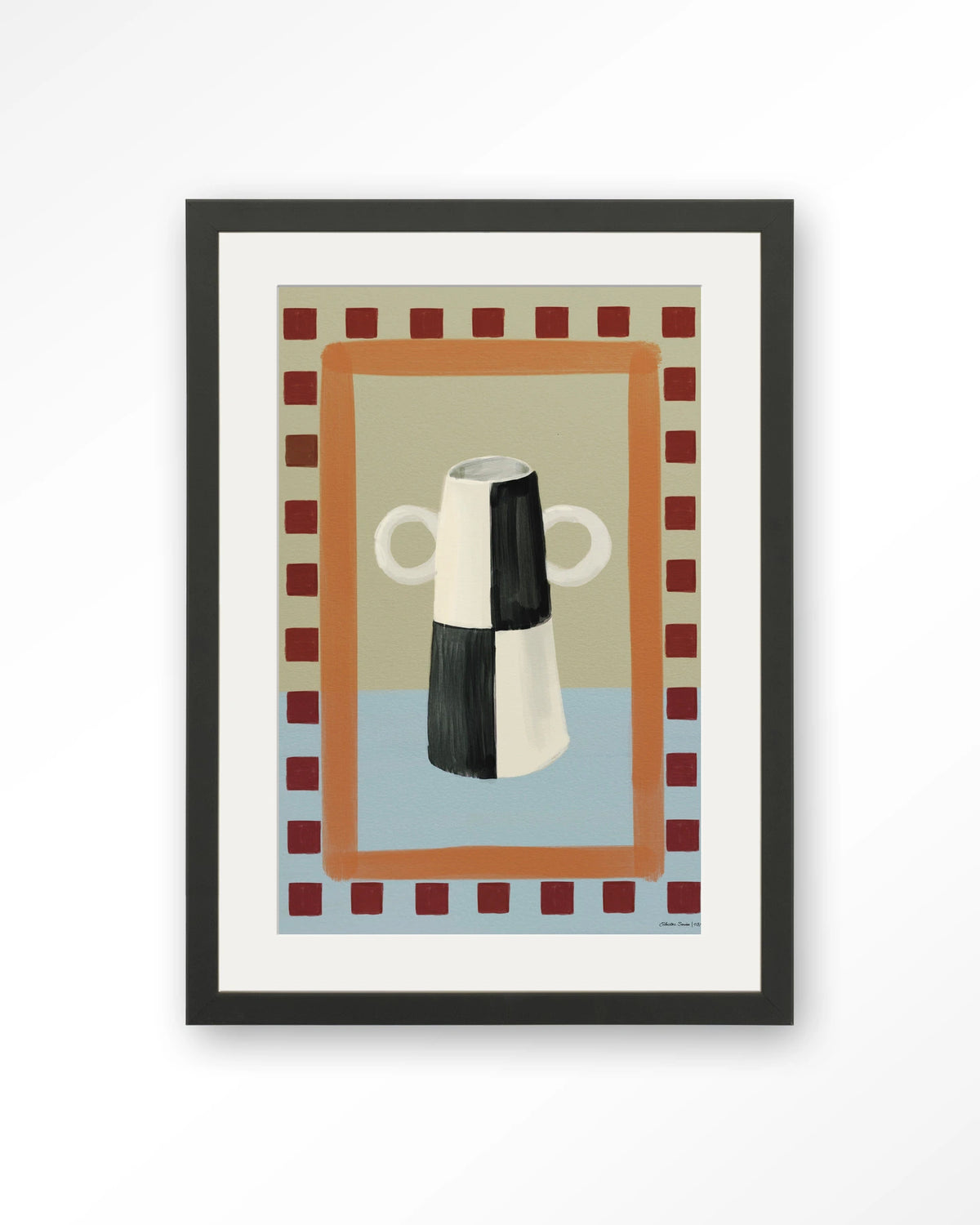 Eclectic Series 3 – vaas met ruitpatroon – Art print – Hout zwart + passe-partout