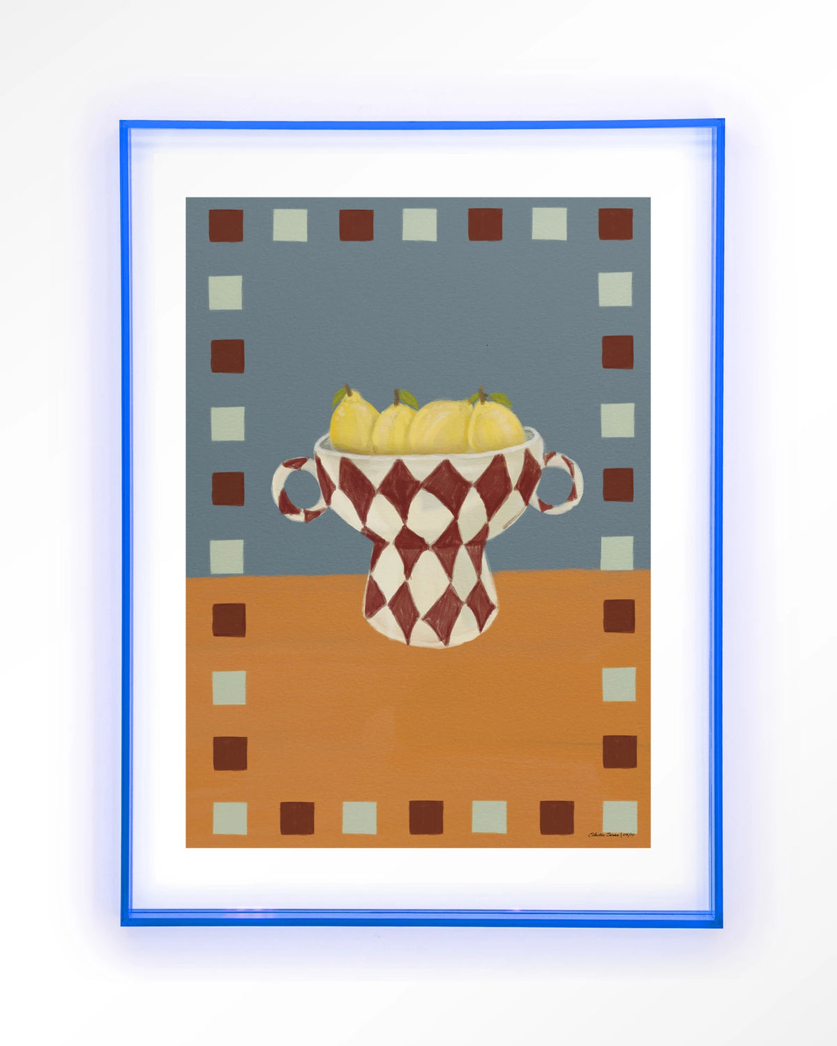 Eclectic Series 4 – citroenen in geruite vaas – Art print – Acryl lichtblauw