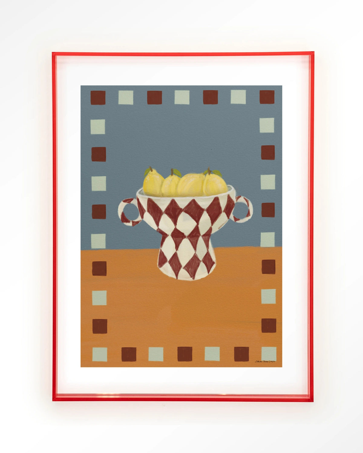 Eclectic Series 4 – citroenen in geruite vaas – Art print – Acryl roze