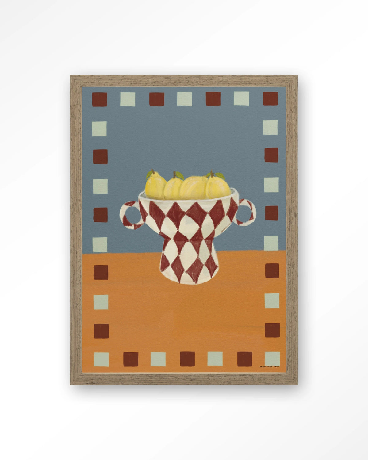 Eclectic Series 4 – citroenen in geruite vaas – Art print – Hout bruin