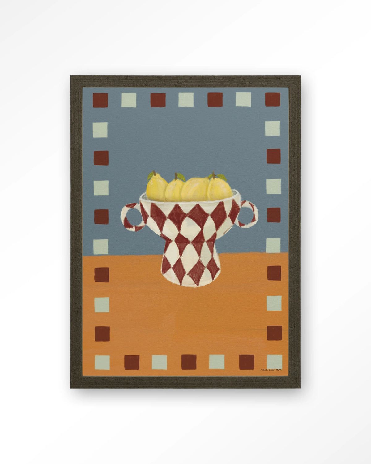 Eclectic Series 4 – citroenen in geruite vaas – Art print – Hout donkerbruin