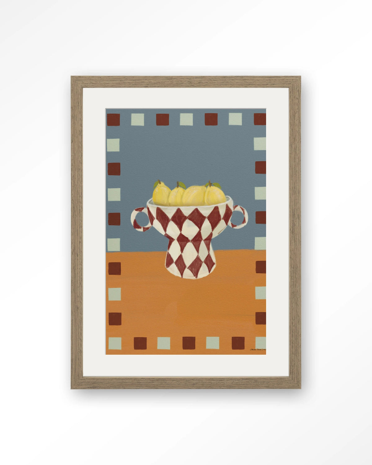 Eclectic Series 4 – citroenen in geruite vaas – Art print – Hout bruin + passe-partout