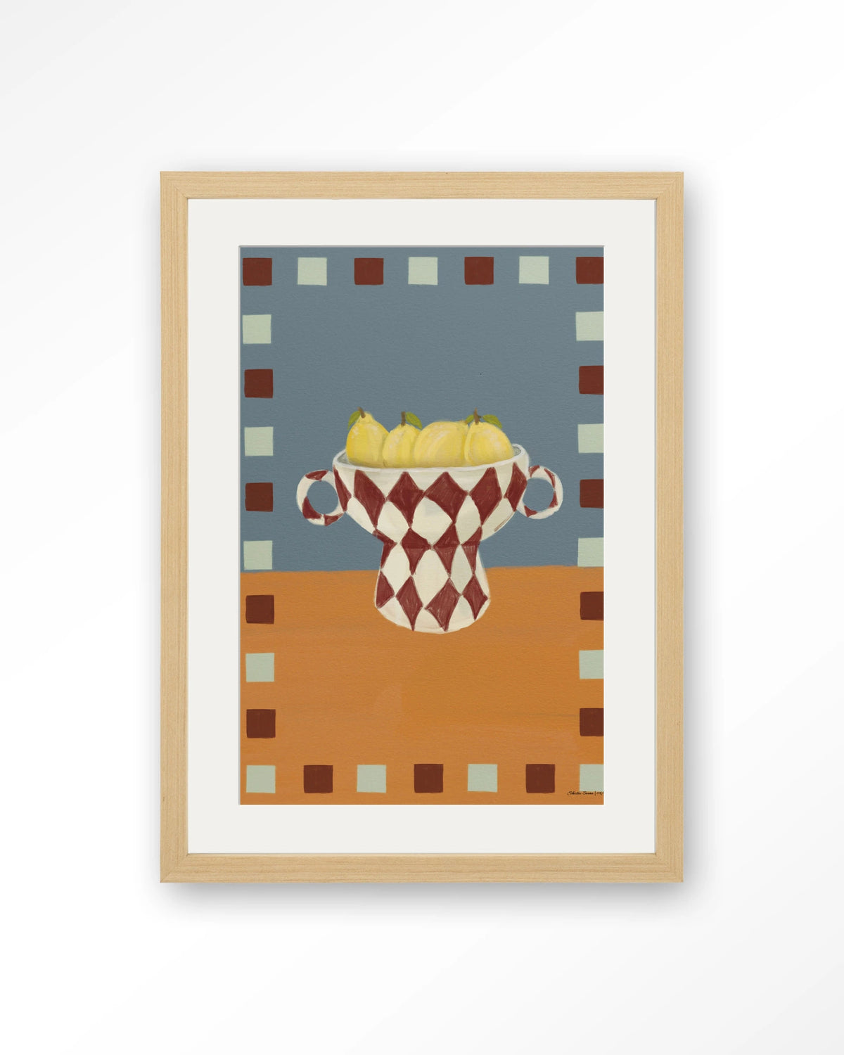 Eclectic Series 4 – citroenen in geruite vaas – Art print – Hout naturel + passe-partout