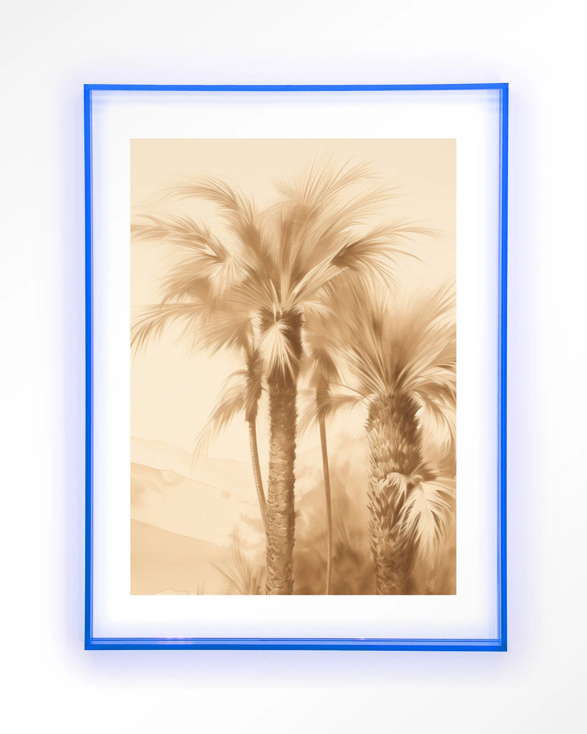 Desert Mirage – palmbomen in beige – Art print – Acryl lichtblauw