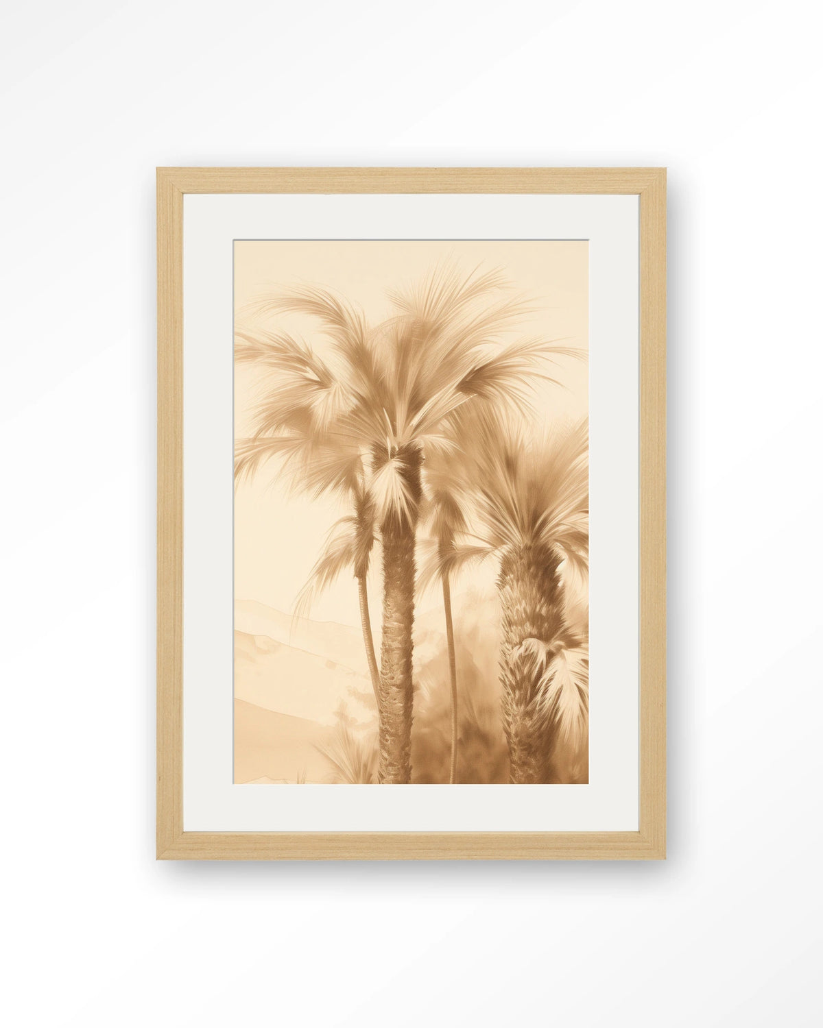 Desert Mirage – palmbomen in beige – Art print – Hout naturel + passe-partout