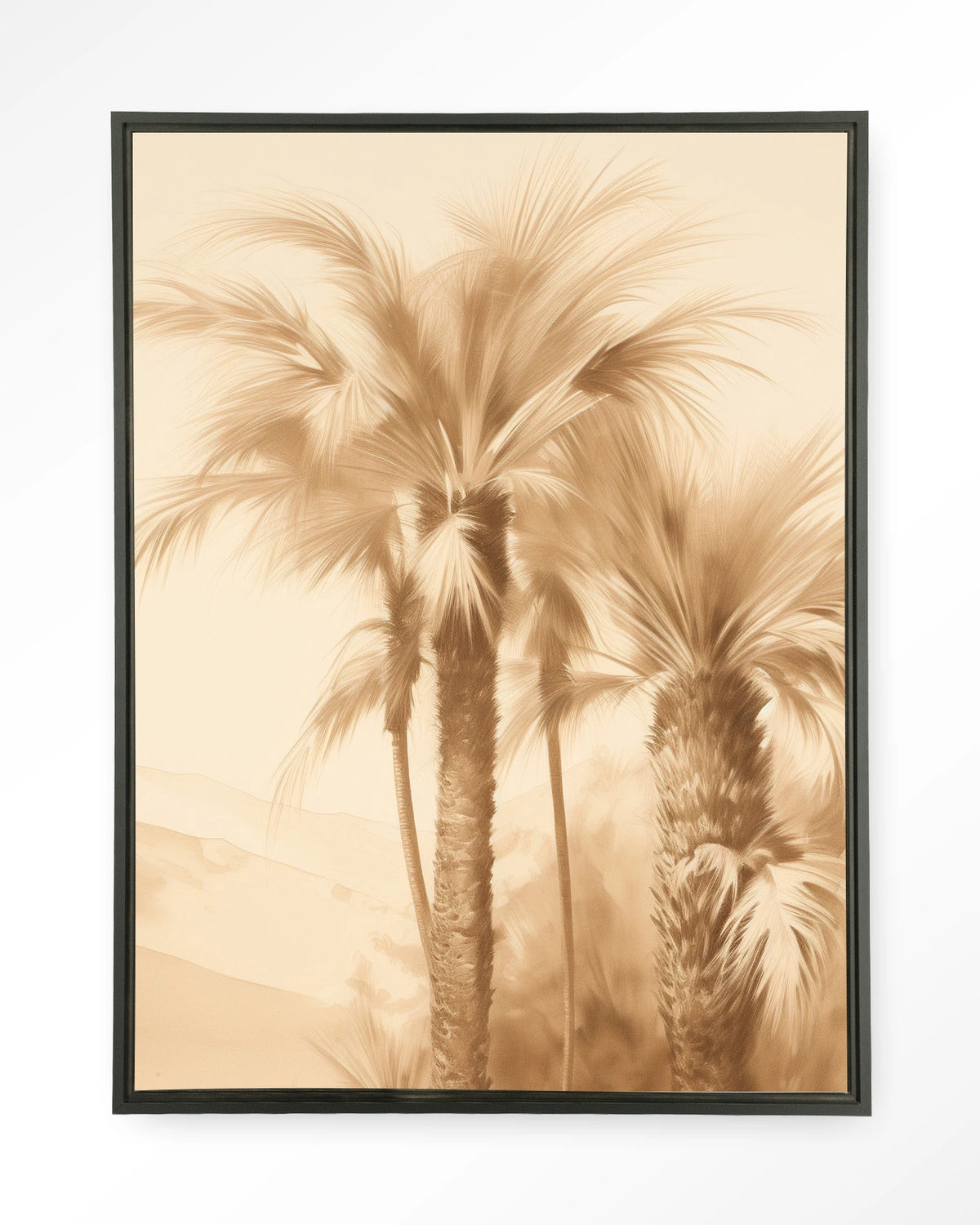 Desert Mirage – palmbomen in beige – Wandkleed – Floating frame – zwart