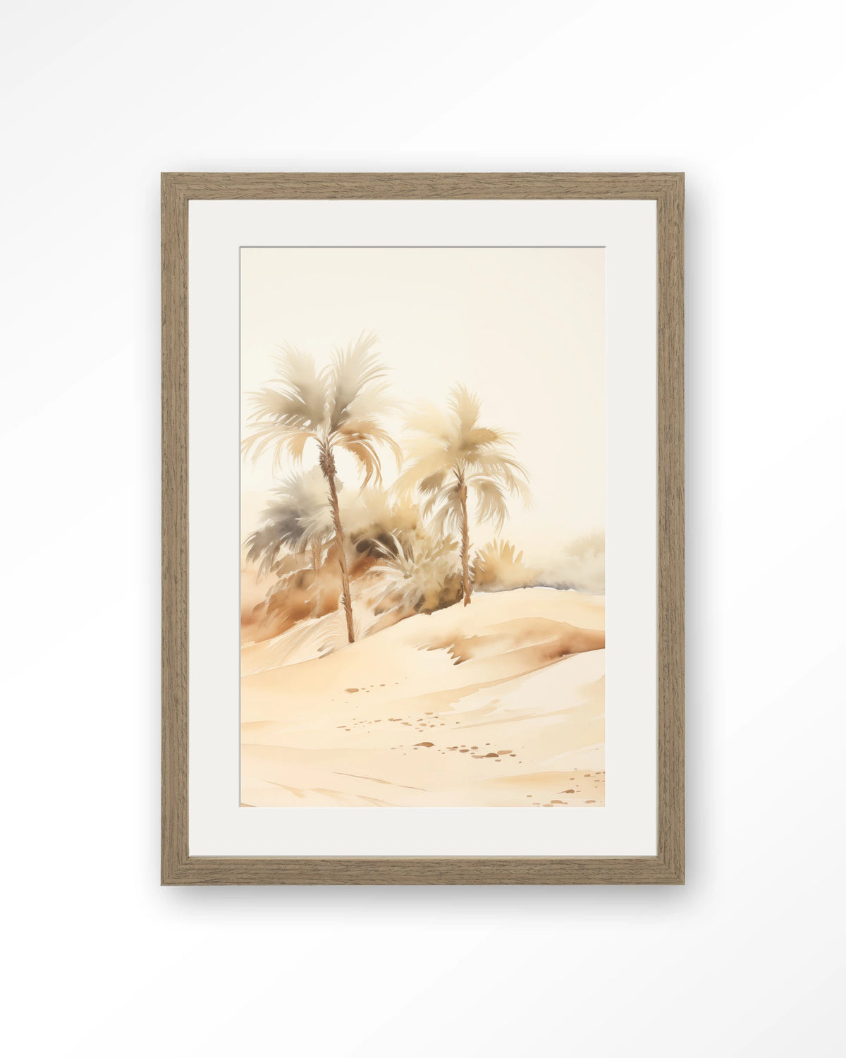 Palm Dust – palmbomen in woestijn, aquarel – Art print – Hout bruin + passe-partout