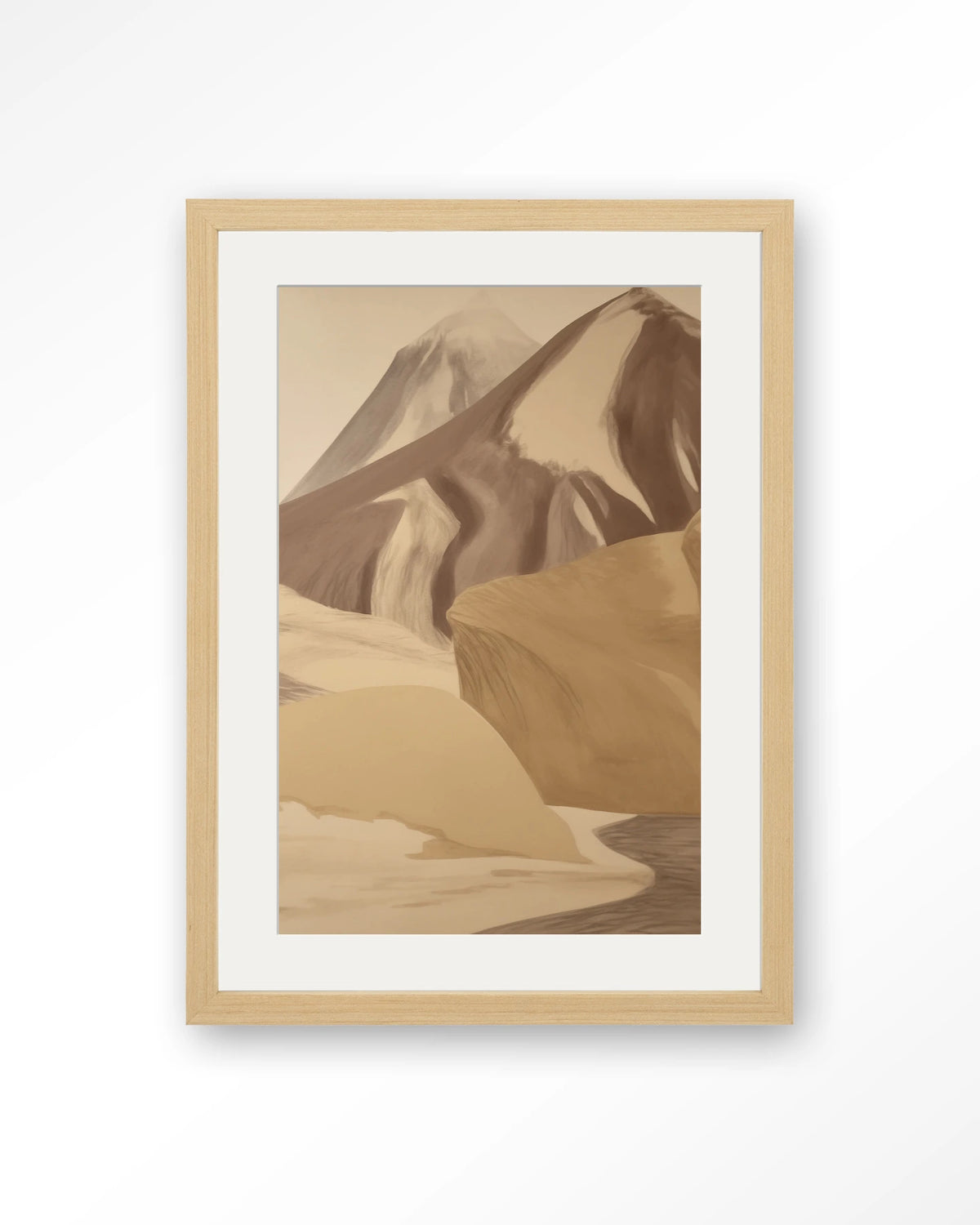 Rocky Mountain – bergen in beige tinten – Art print – Hout naturel + passe-partout