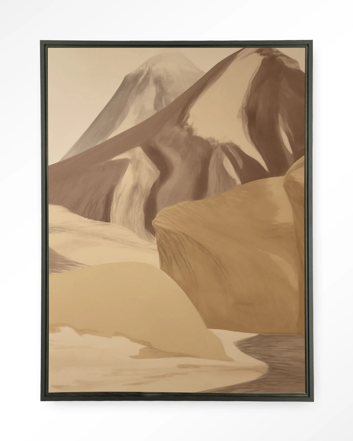 Rocky Mountain – bergen in beige tinten – Wandkleed – Floating frame – zwart