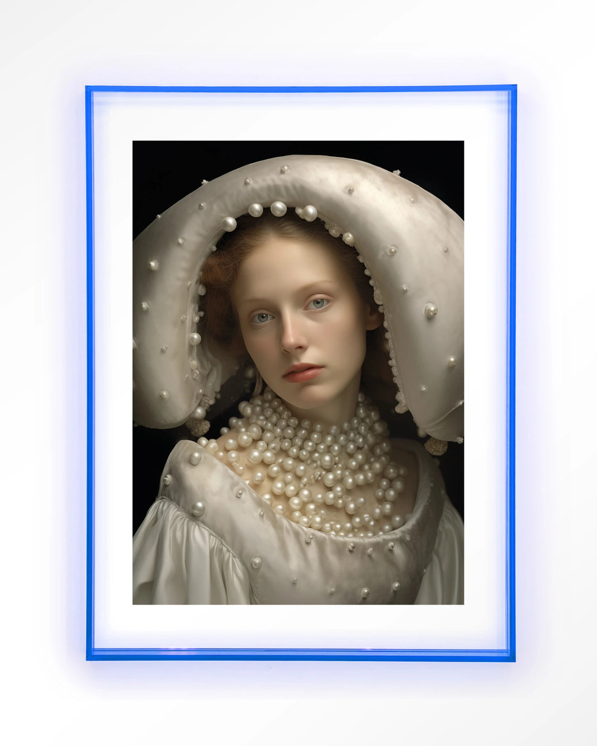 Pearl Princess – portret met parels – Art print – Acryl lichtblauw