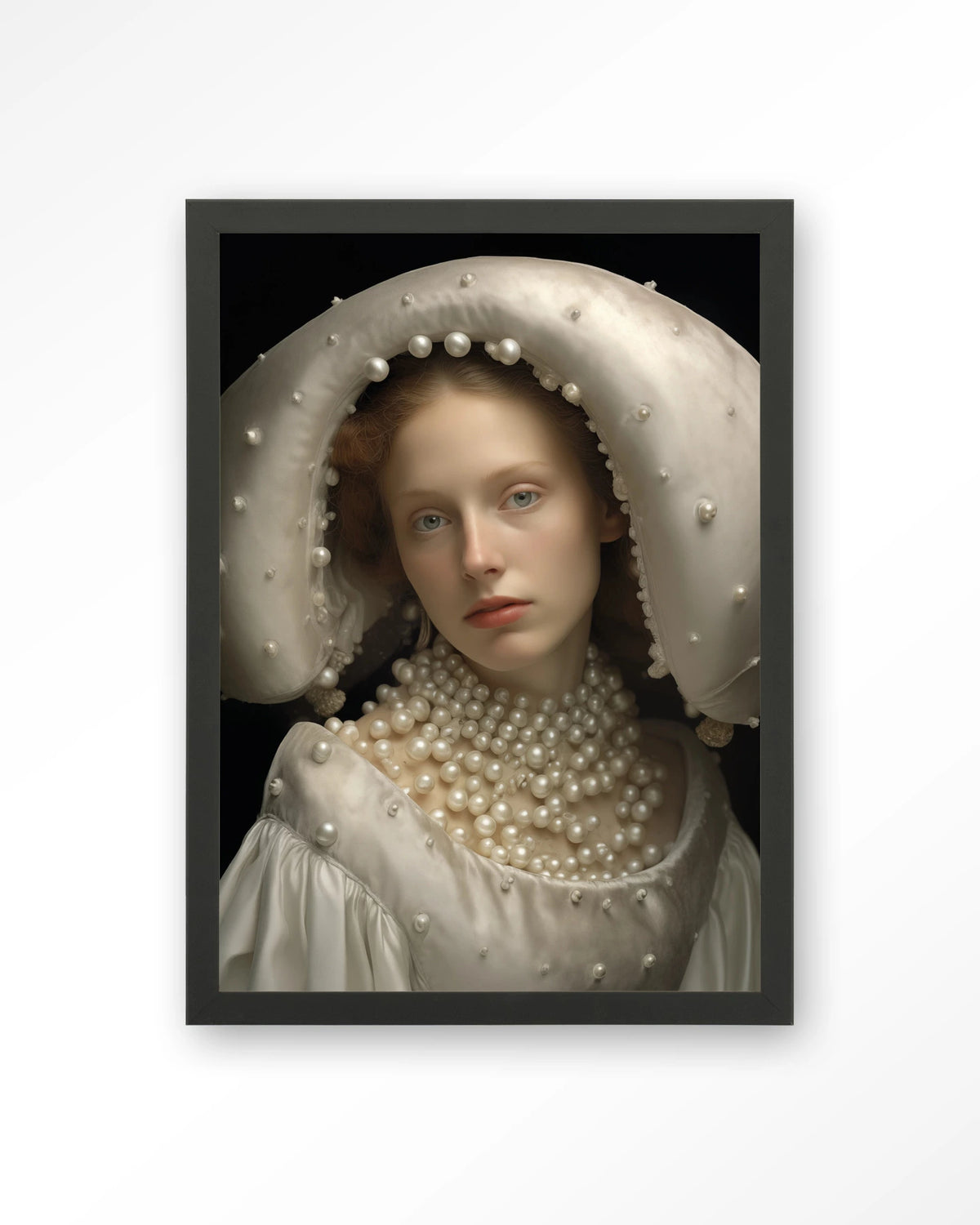 Pearl Princess – portret met parels – Art print – Hout zwart