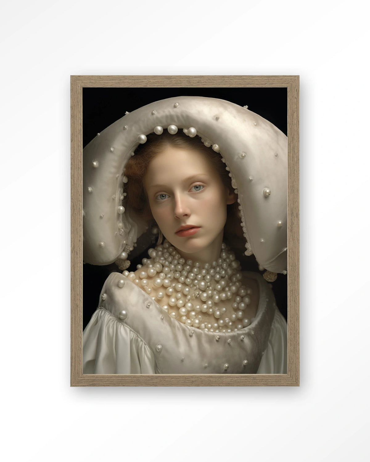 Pearl Princess – portret met parels – Art print – Hout bruin