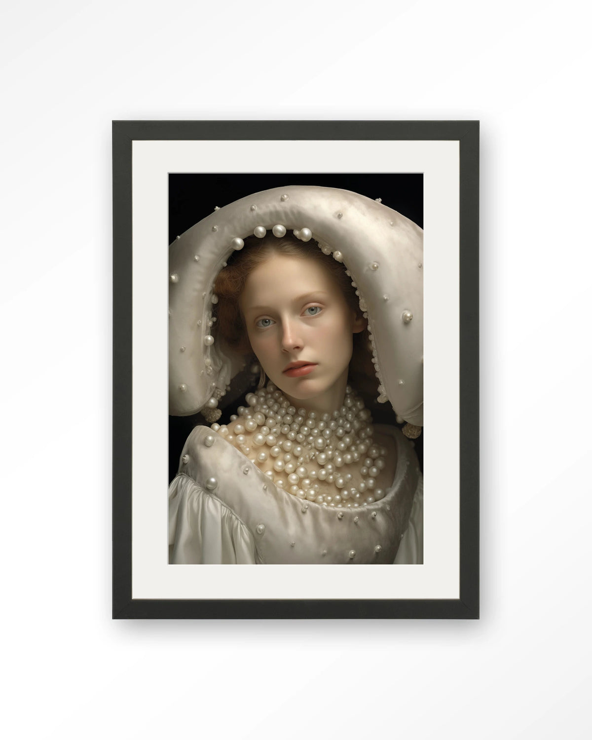 Pearl Princess – portret met parels – Art print – Hout zwart + passe-partout