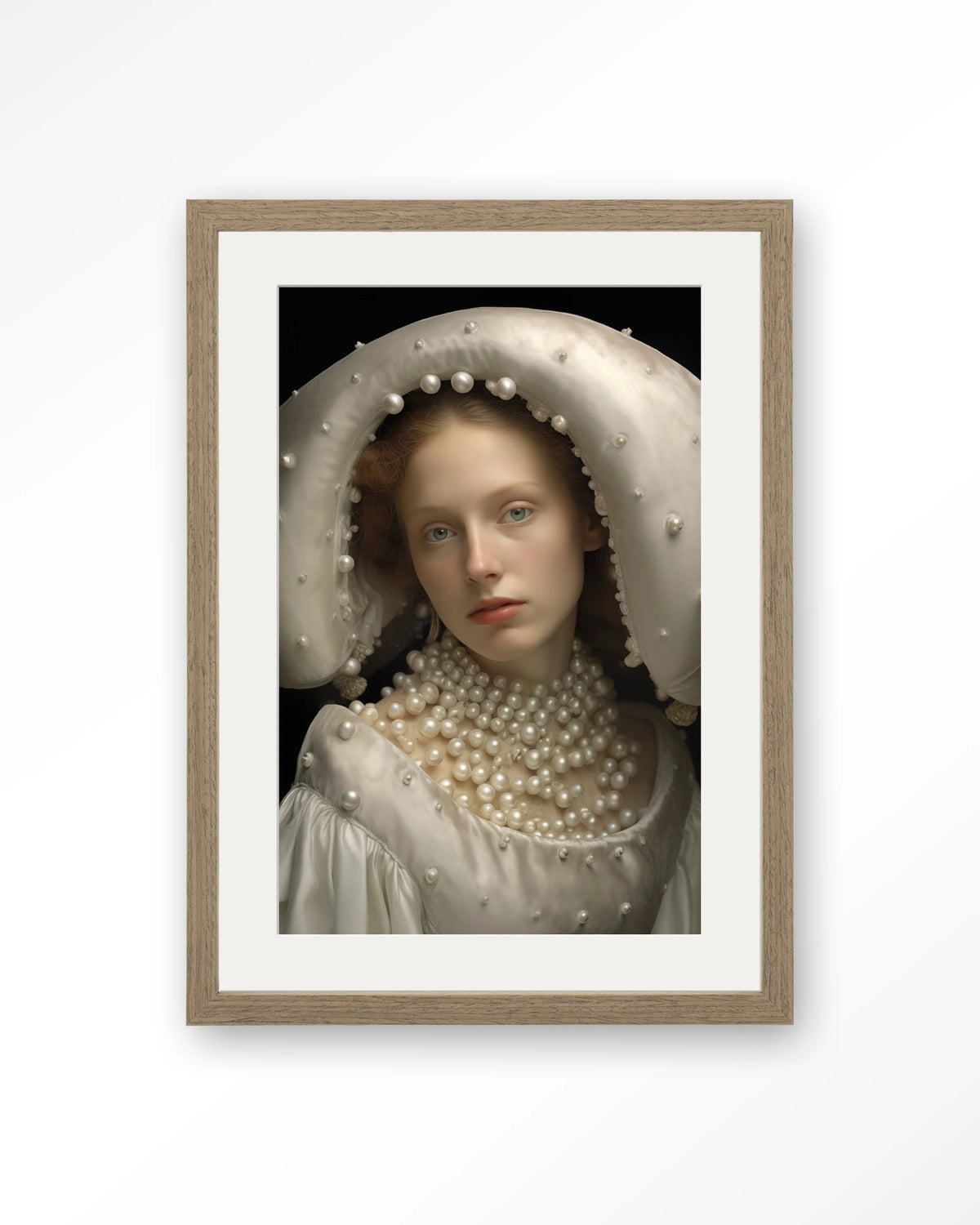Pearl Princess – portret met parels – Art print – Hout bruin + passe-partout
