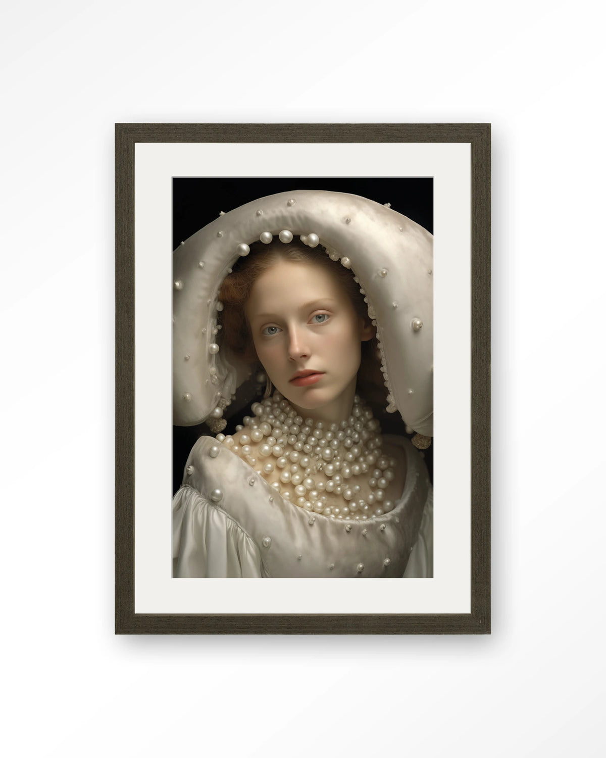 Pearl Princess – portret met parels – Art print – Hout donkerbruin + passe-partout