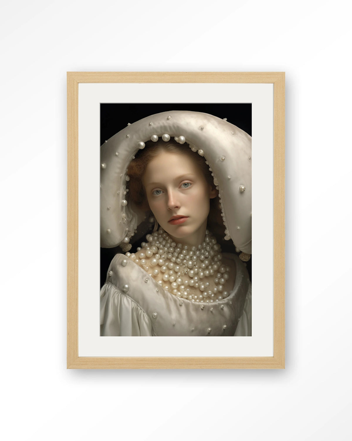 Pearl Princess – portret met parels – Art print – Hout naturel + passe-partout