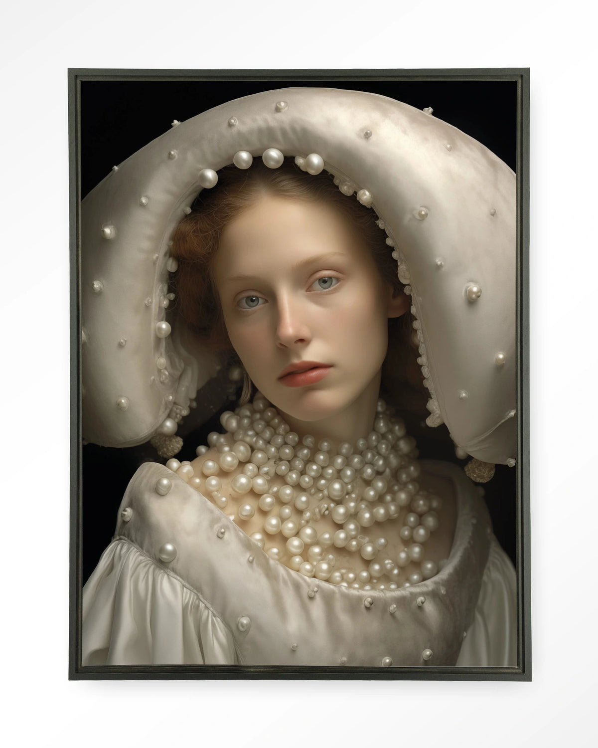 Pearl Princess – portret met parels – Wandkleed – Floating frame – zwart