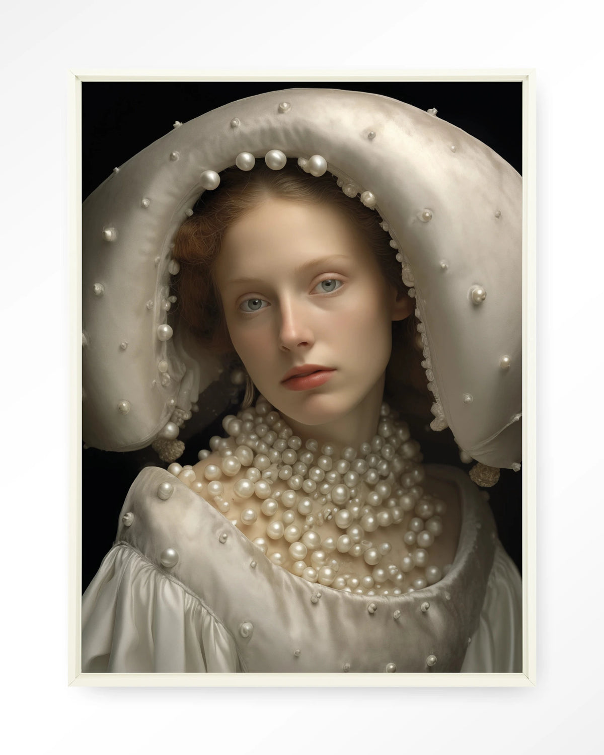 Pearl Princess – portret met parels – Wandkleed – Floating frame – wit