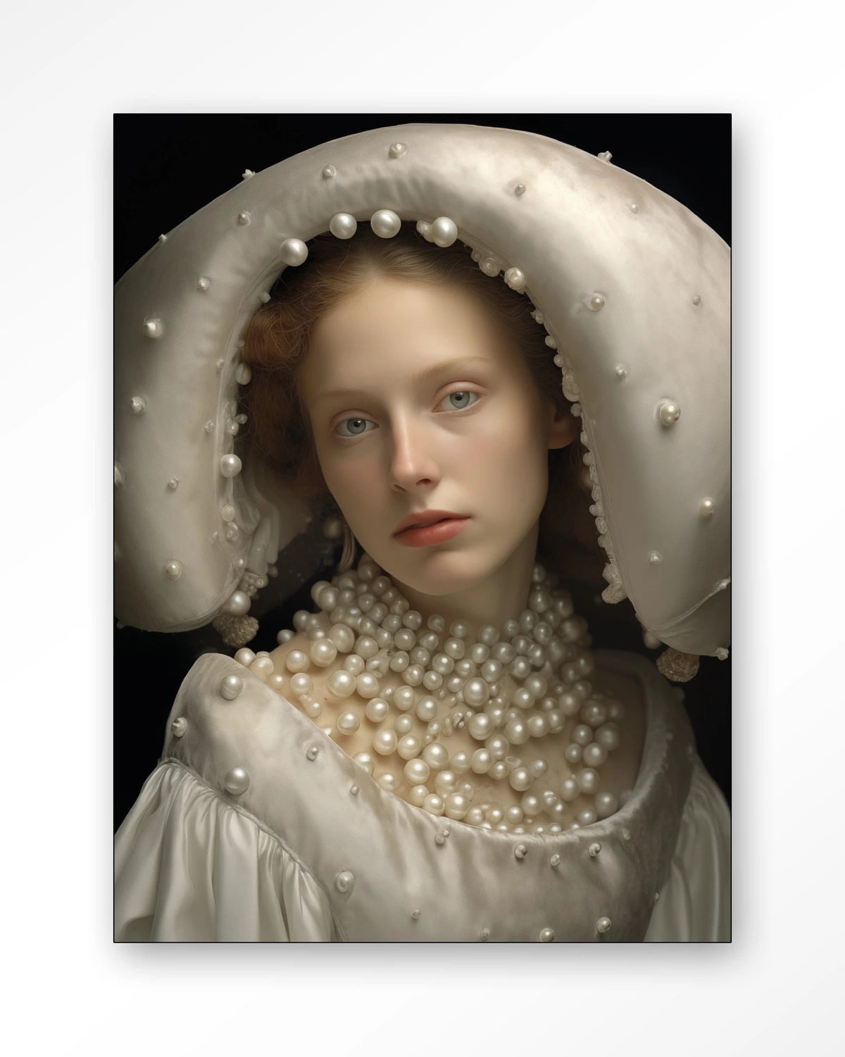 Pearl Princess – portret met parels – Wandkleed – Frame – zwart