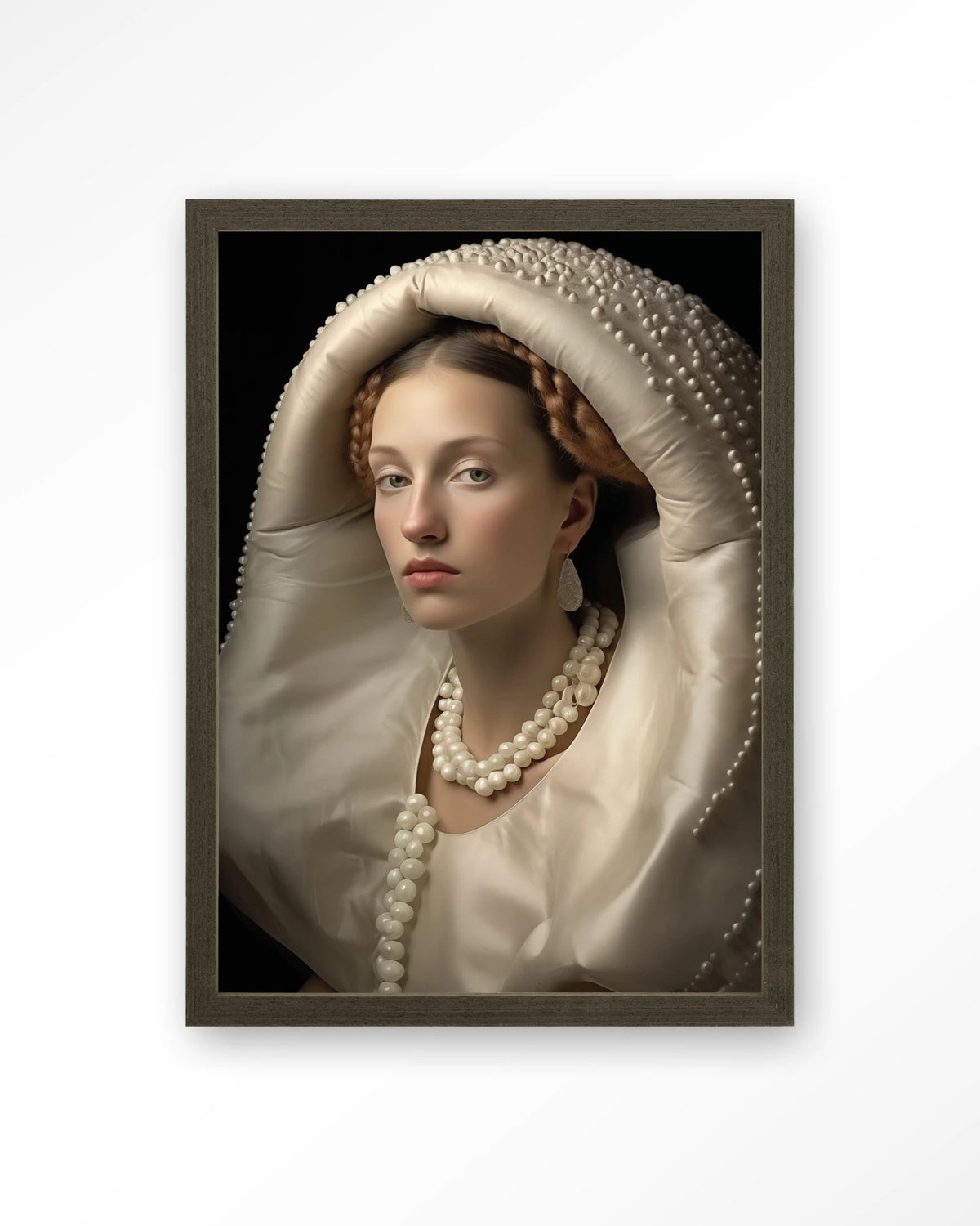 Queen of Pearls – vrouw met parels – Art print – Hout donkerbruin