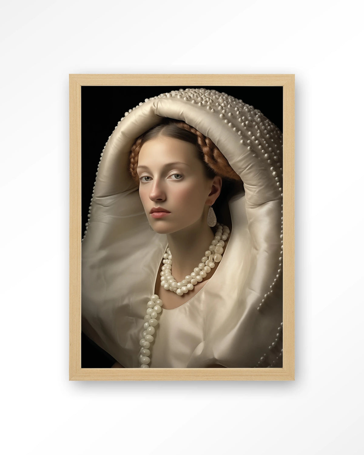 Queen of Pearls – vrouw met parels – Art print – Hout naturel