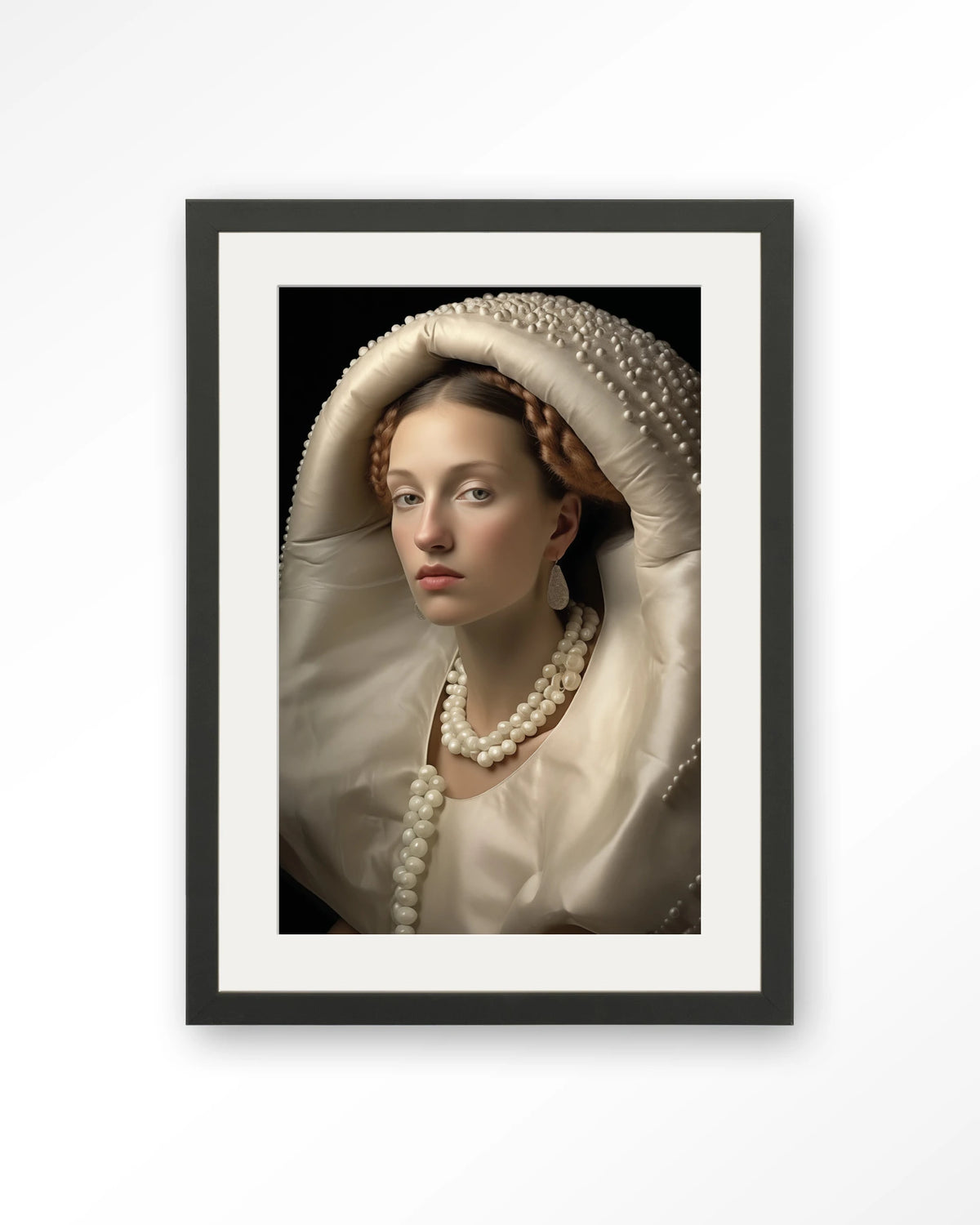 Queen of Pearls – vrouw met parels – Art print – Hout zwart + passe-partout
