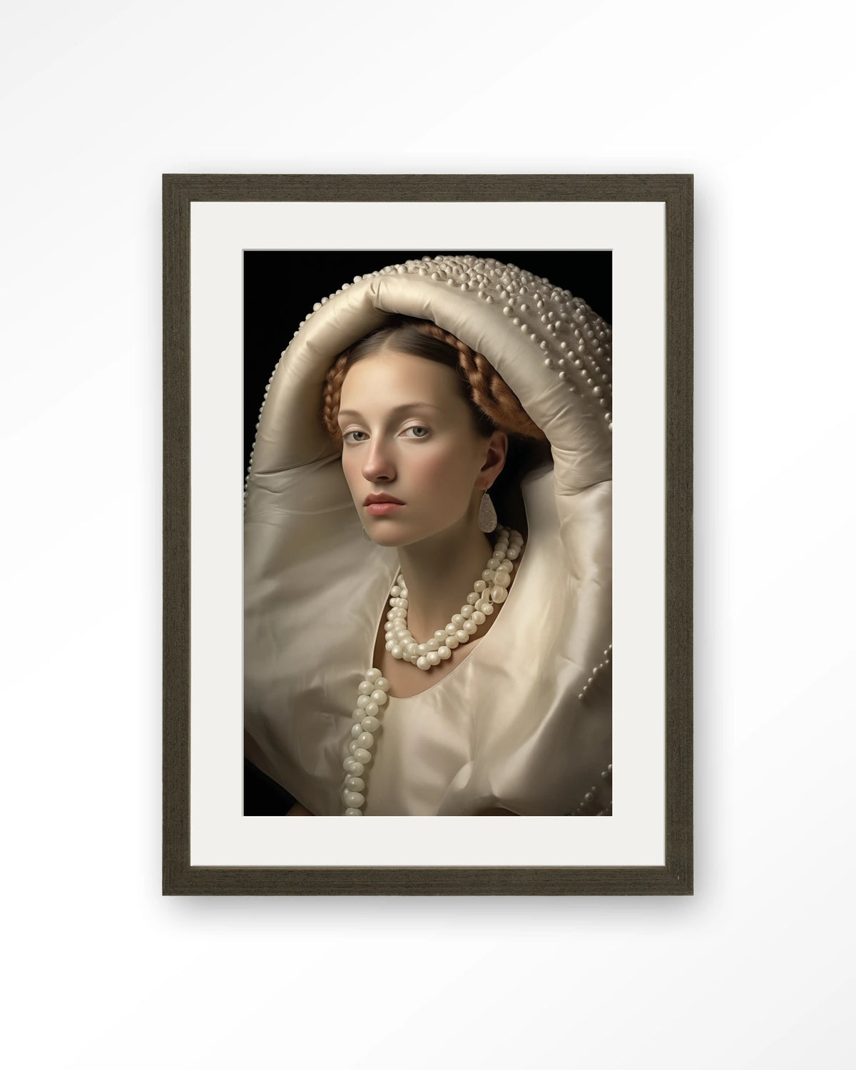 Queen of Pearls – vrouw met parels – Art print – Hout donkerbruin + passe-partout