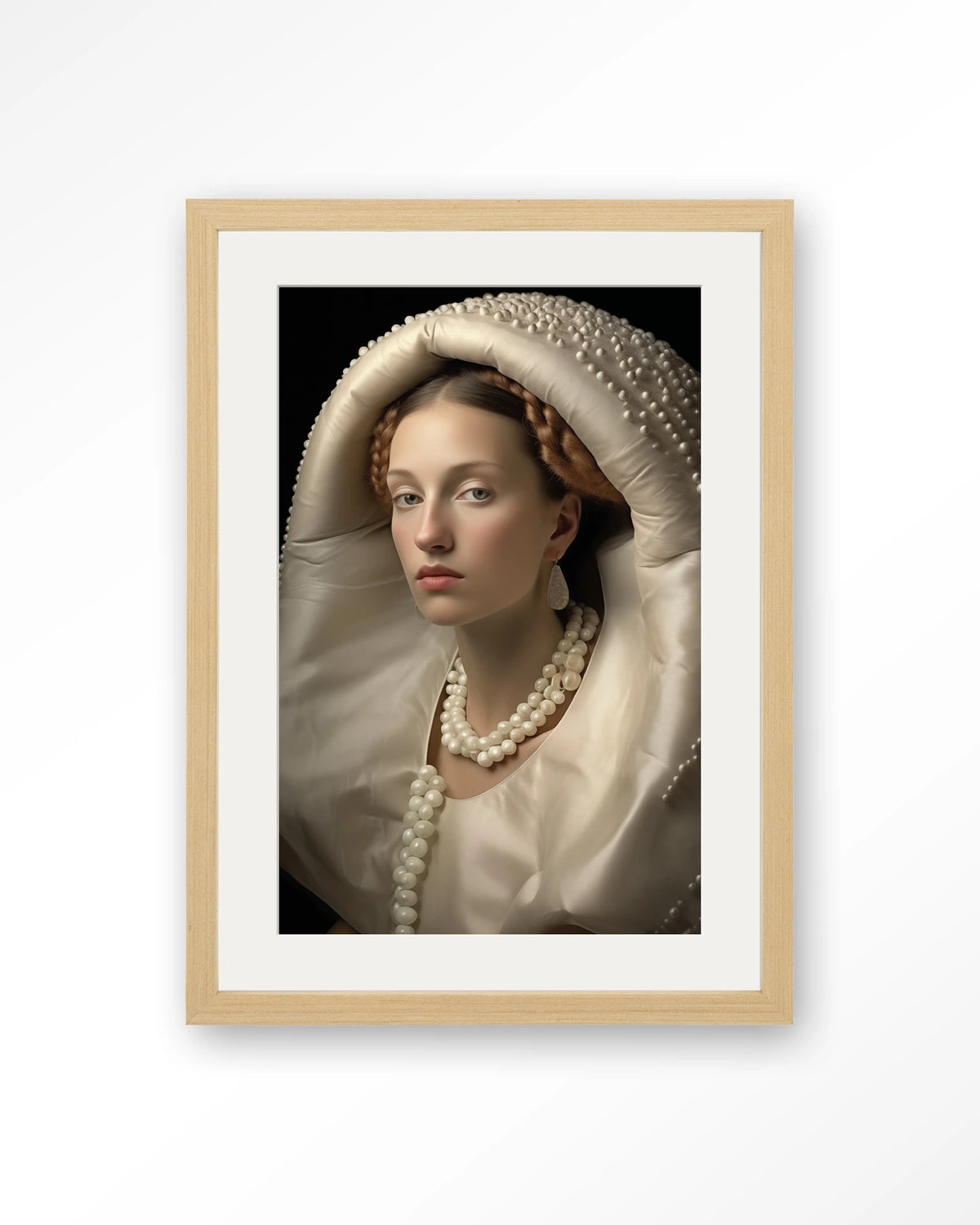Queen of Pearls – vrouw met parels – Art print – Hout naturel + passe-partout