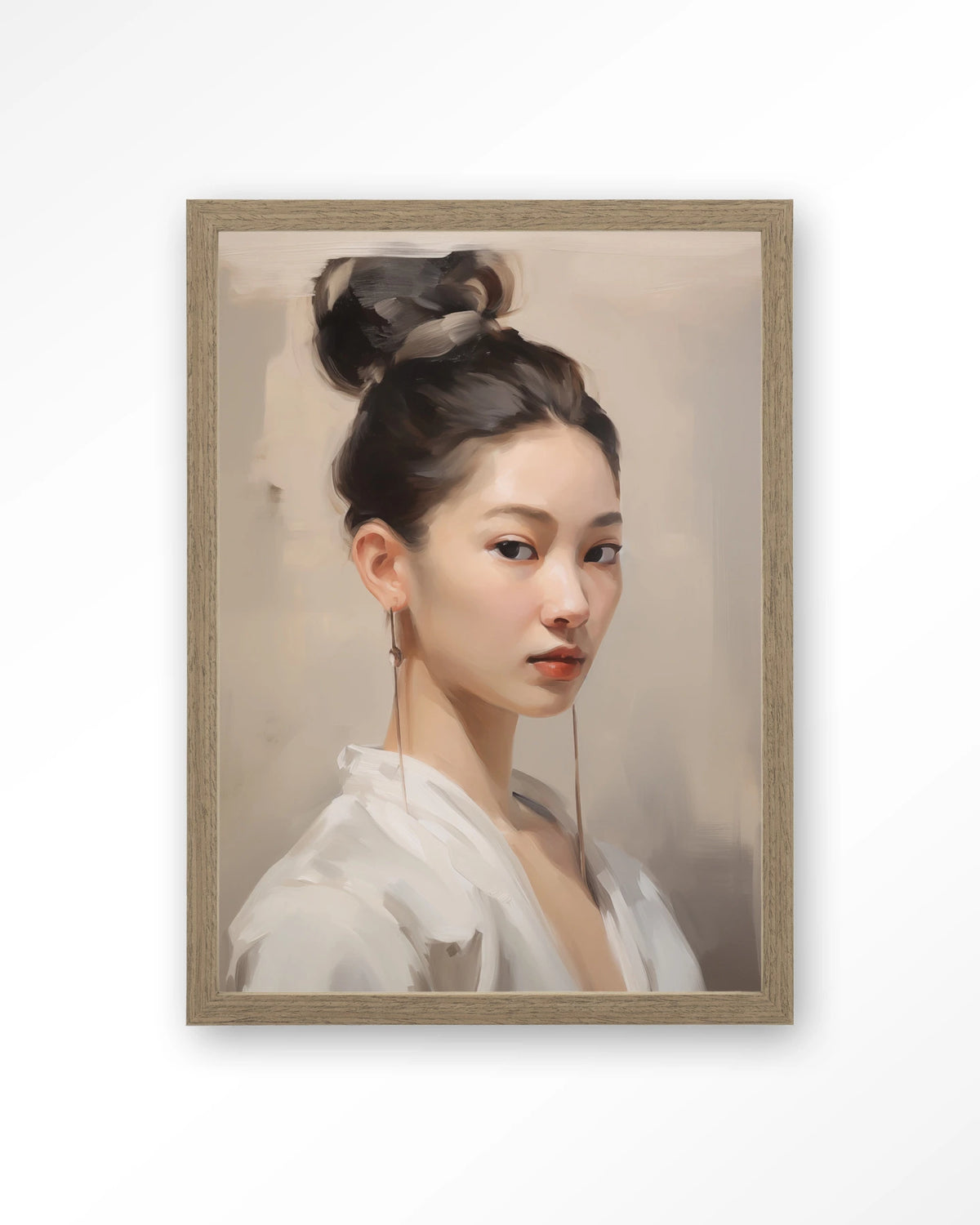 Moonlight Whispers – portret van een Aziatische vrouw – Art print – Hout bruin