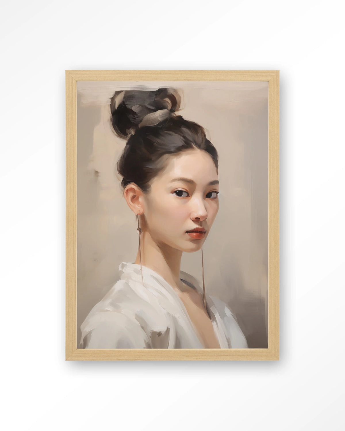 Moonlight Whispers – portret van een Aziatische vrouw – Art print – Hout naturel