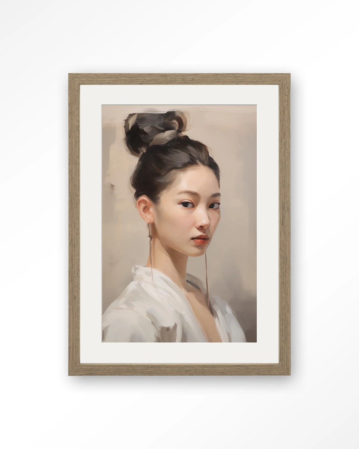 Moonlight Whispers – portret van een Aziatische vrouw – Art print – Hout bruin + passe-partout