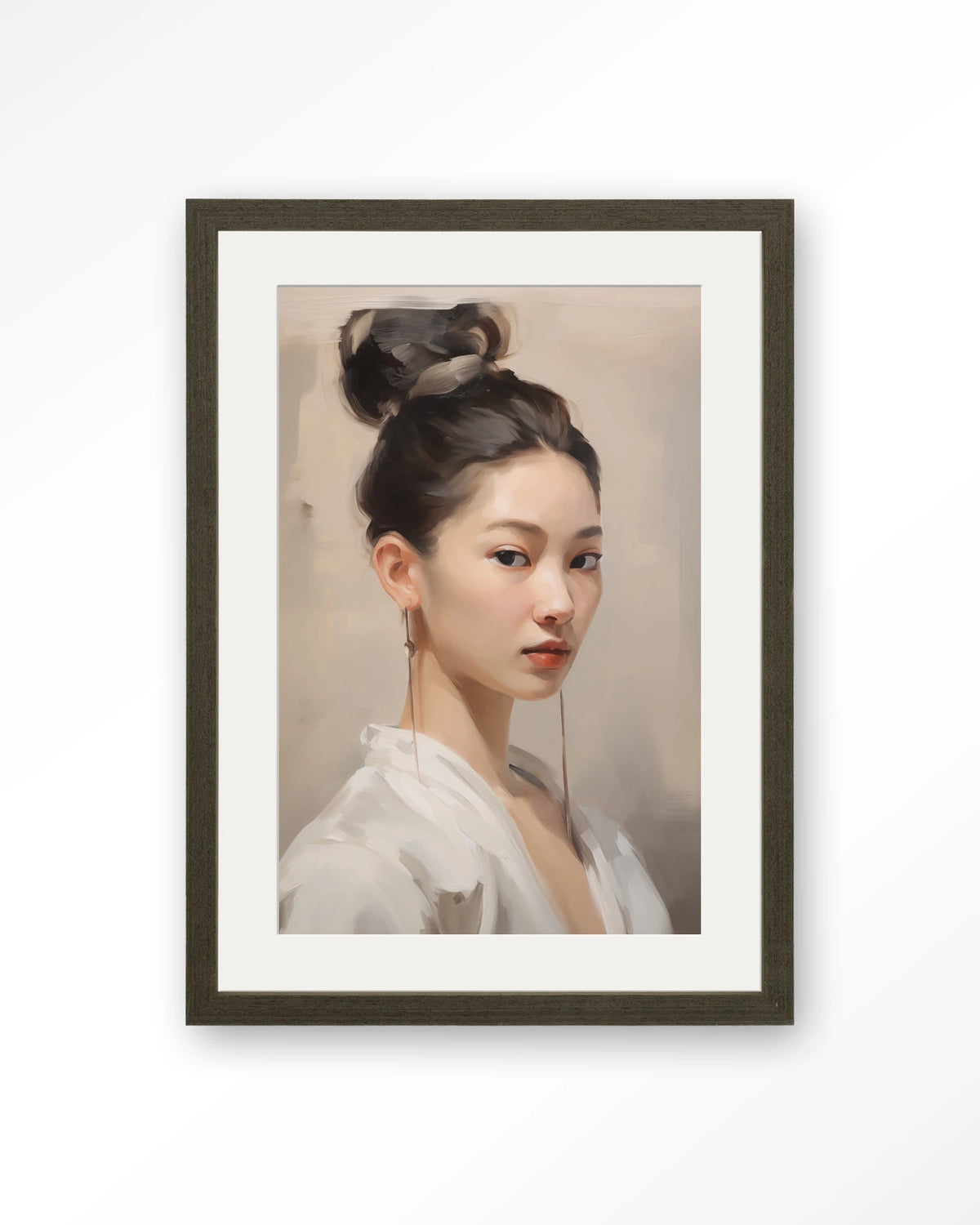Moonlight Whispers – portret van een Aziatische vrouw – Art print – Hout donkerbruin + passe-partout